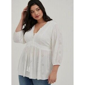 Torrid Babydoll Lace Up Blouse White Peasant Tassels Eyelet Boho Women’s Plus 2X